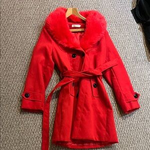 26 International Red Trench Coat with Faux Fur Collar